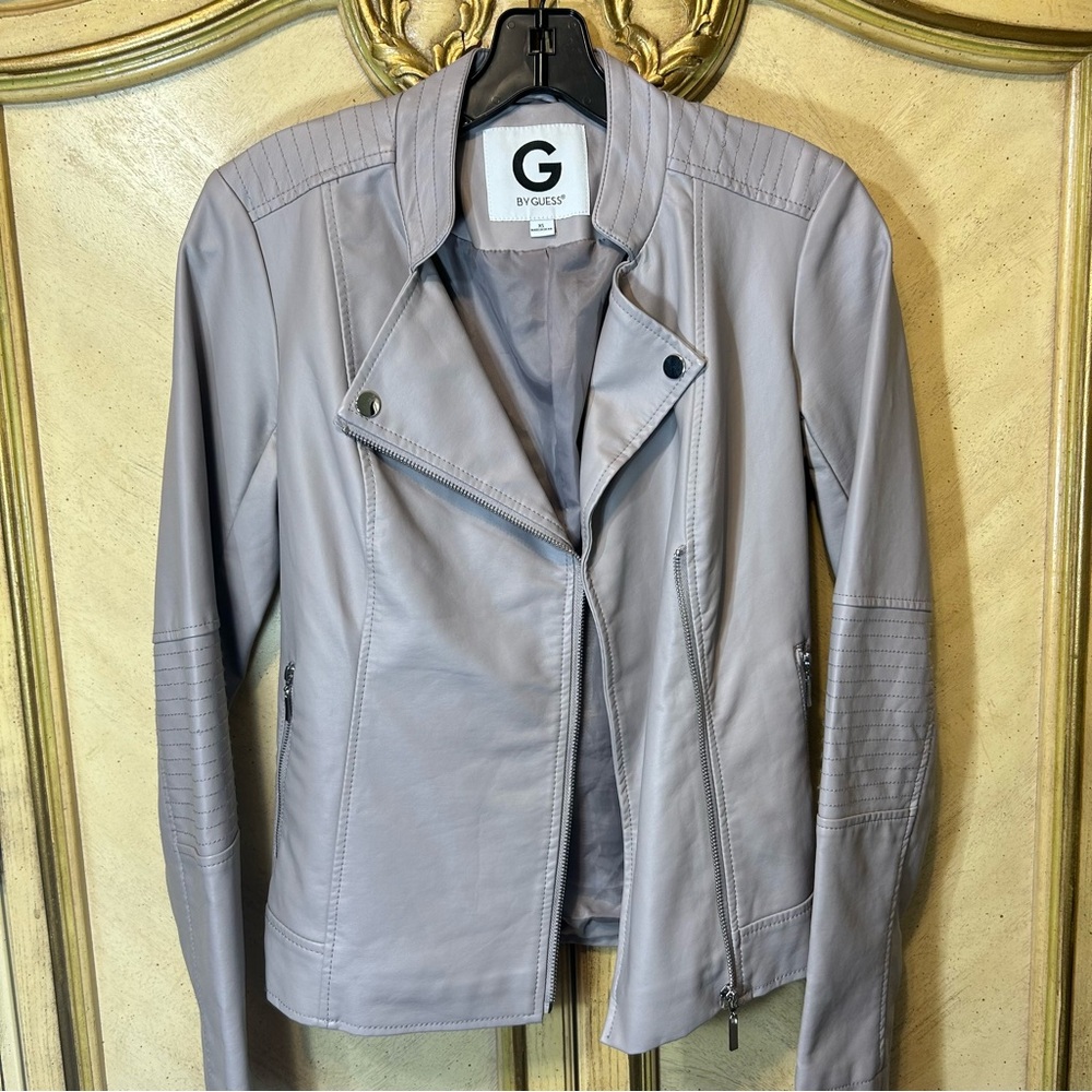 G by Guess Gray Vegan Faux Leather Zip Front Moto Jacket